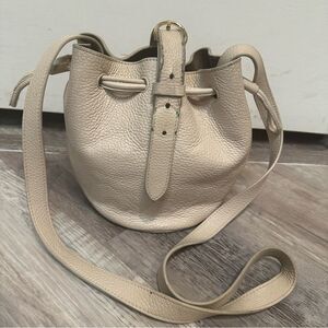 CUYANA Mini Drawstring Buckle Bucket Bag Leather Crossbody Cream Neutral